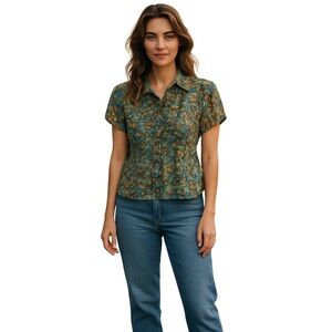 JM Collection Blue and Brown Fitted Short Sleeve Blouse